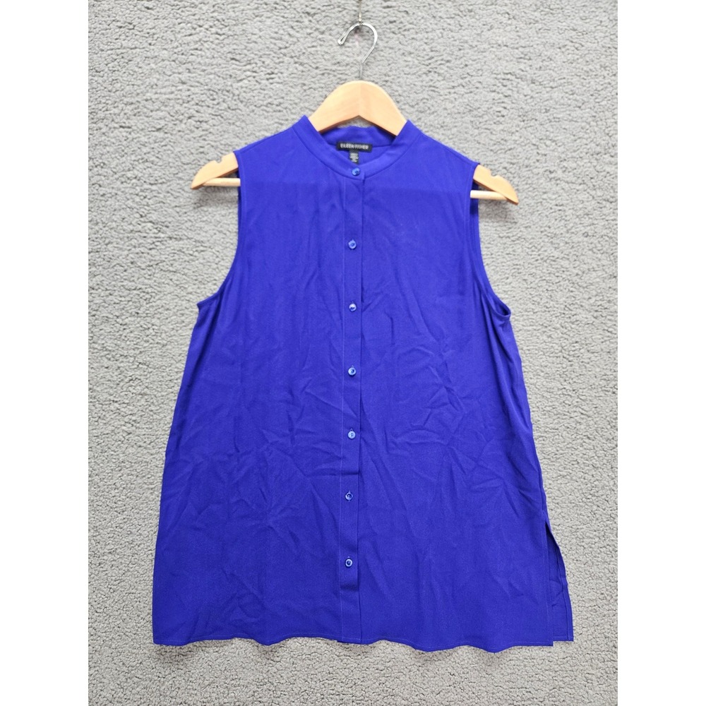 Eileen Fisher Silk Sleeveless Blouse XS Blue Mock Neck Button Front Minimalist